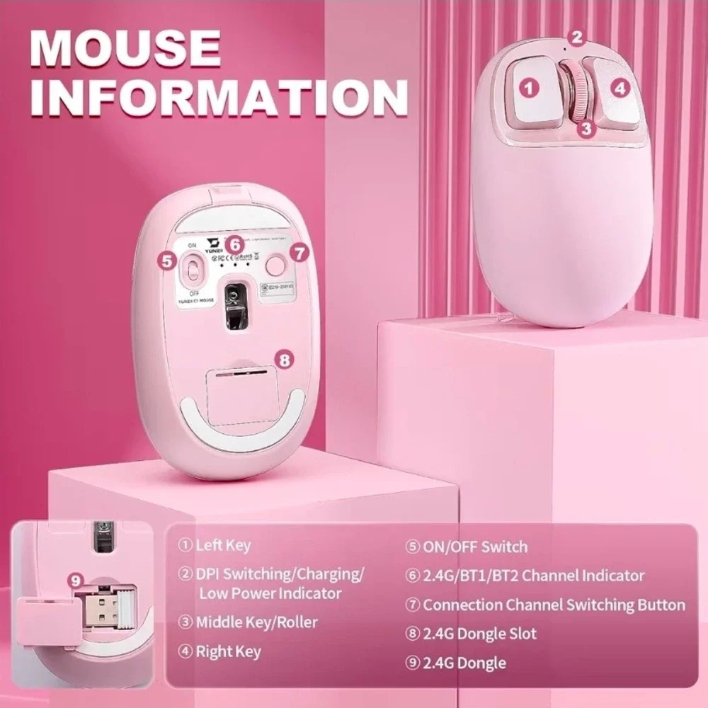 YUNZII C1 Silicone Wireless Mouse‎ Tri-Mode Bluetooth 4800 DPI Pink C1-Pink
